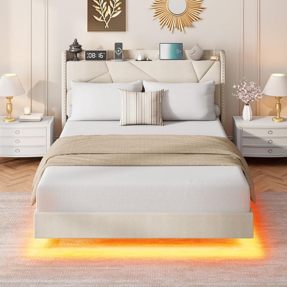 Full Floating Bed Frame with LED Lights & Charging Station, Upholstered Platform Beds with Storage Headboard & Folding Shelves Storage, Metal Slats Support, No Box Spring Needed