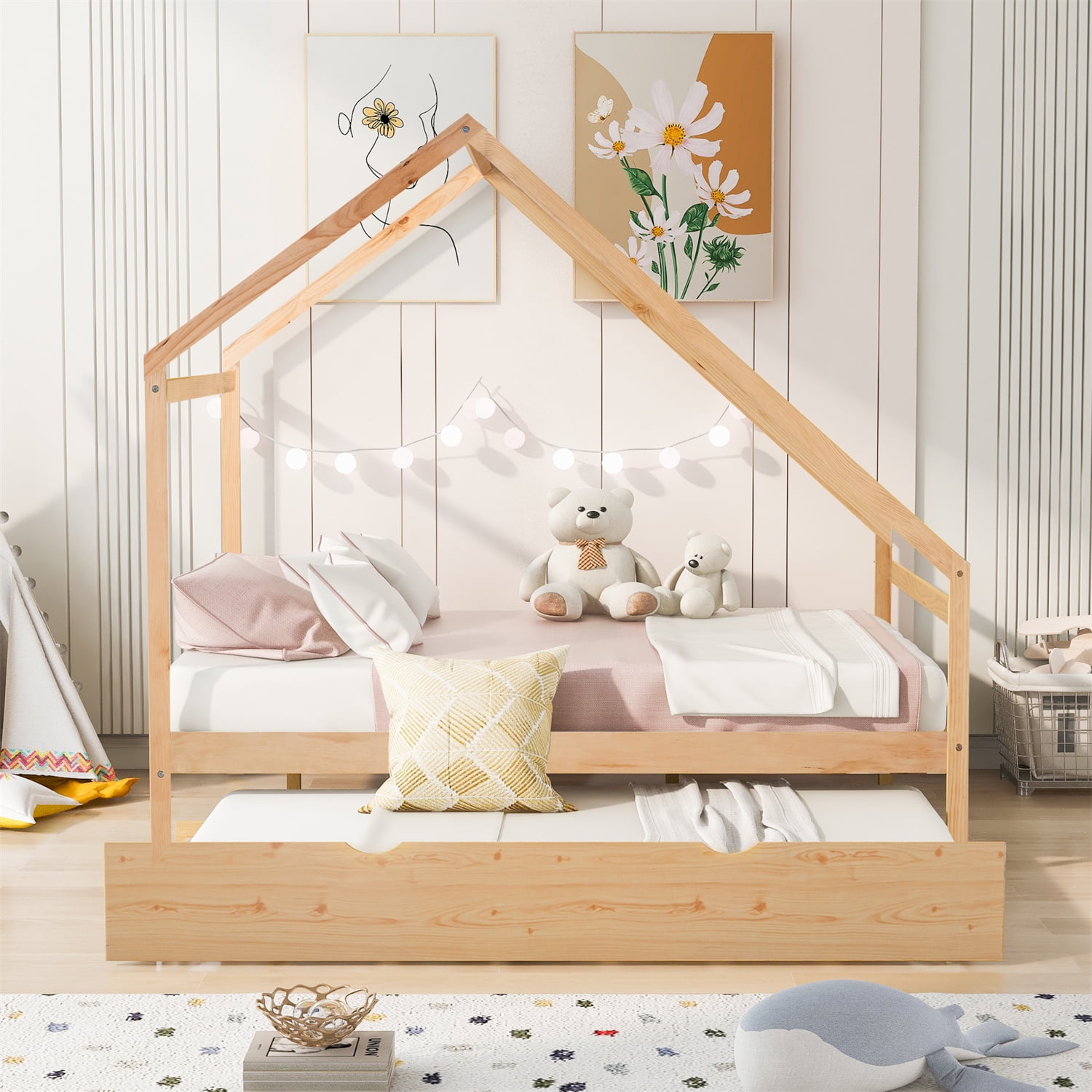 Full Floor Bed Daybed with Trundle Full Size Wooden House Bed