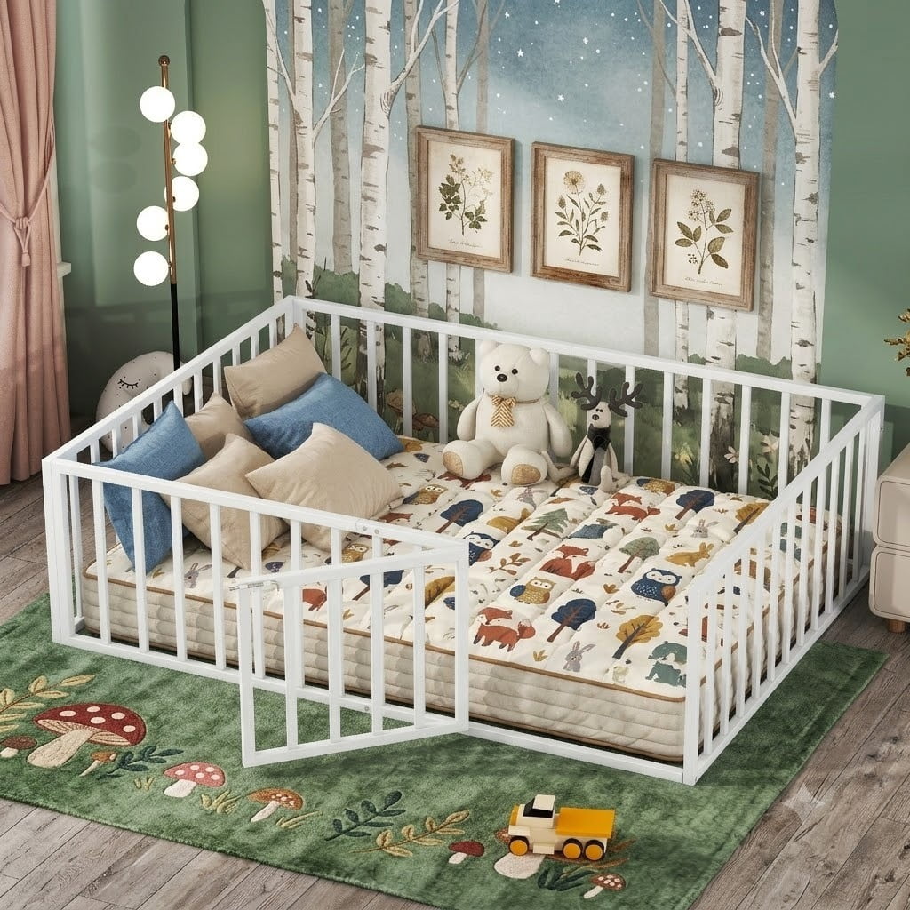 Full Floor Bed Frame for Kids, Metal Montessori Floor Bed with Door, Full Size Bed Frame with Fence-Shaped Guardrails, Floor Full Bed for Kids, Boys, Girls