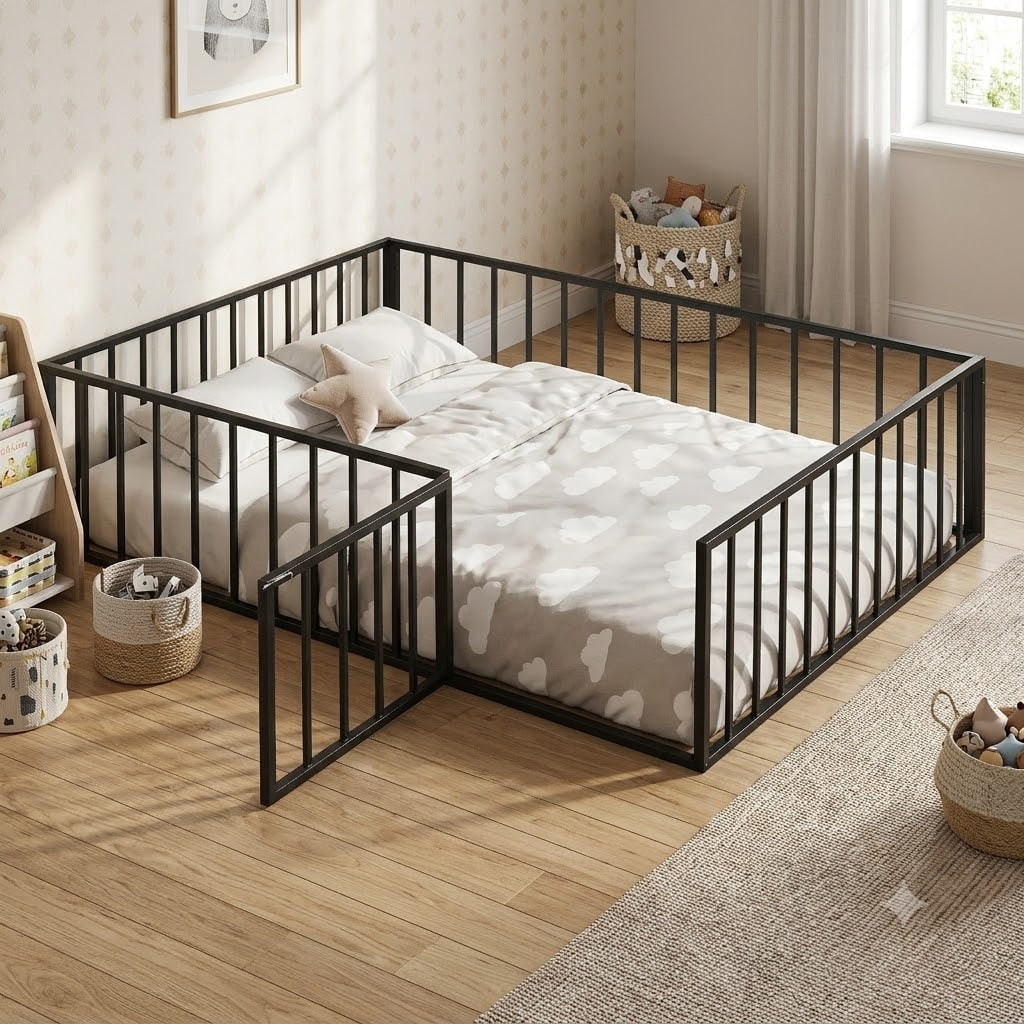Full Floor Bed Frame for Kids, Metal Montessori Floor Bed with Door, Full Size Bed Frame with Fence-Shaped Guardrails, Floor Full Bed for Kids, Boys, Girls