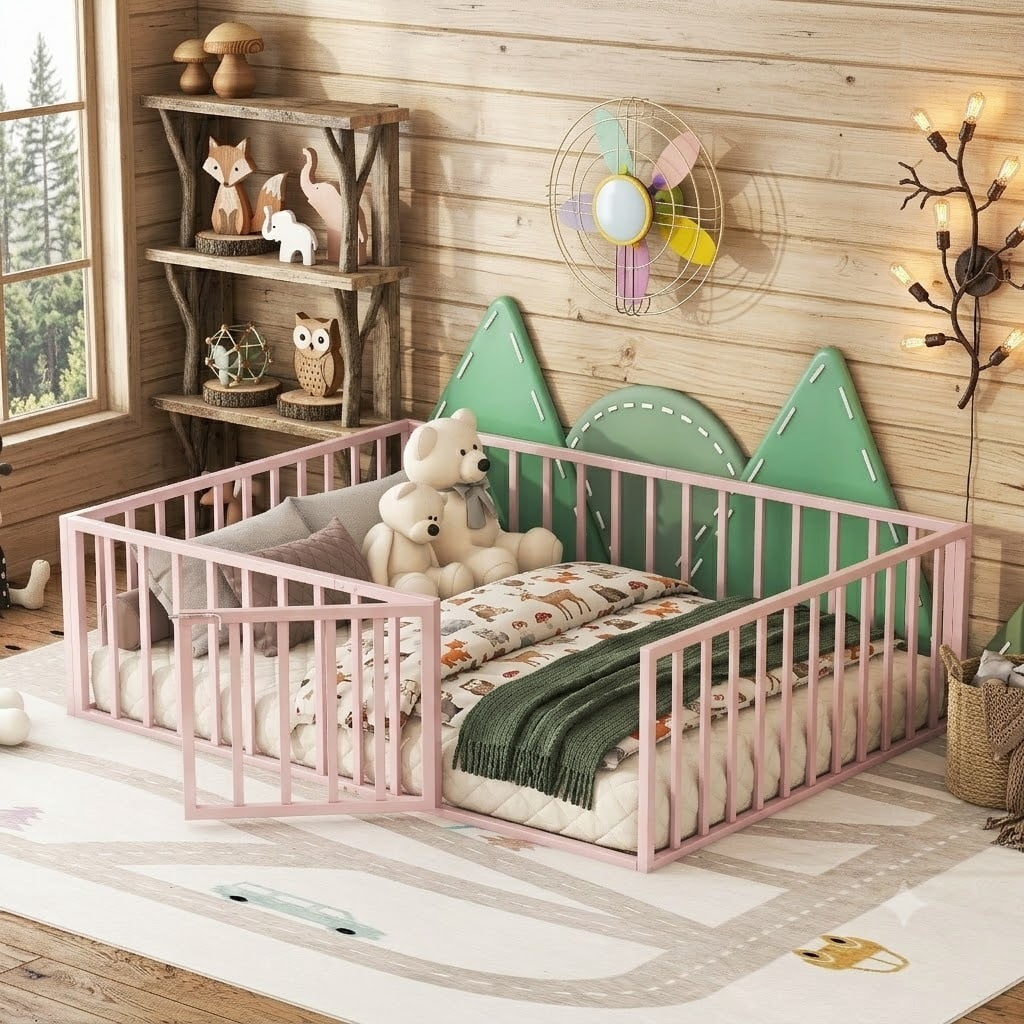 Full Floor Bed Frame for Kids, Metal Montessori Floor Bed with Door, Full Size Bed Frame with Fence-Shaped Guardrails, Floor Full Bed for Kids, Boys, Girls