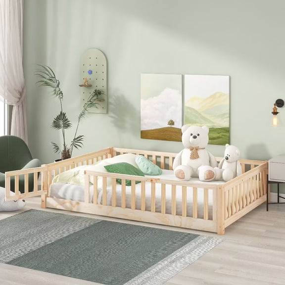 Full Floor Bed Frame for Kids, Montessori Floor Bed with Fence and Wood Slats, Low Wood Platform Beds for Girls Boys Kids Happy Time,Natural