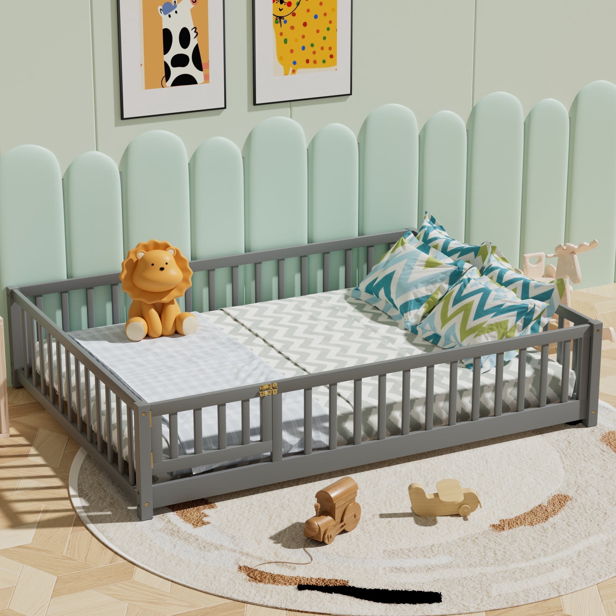 Full Floor Bed Frame for Toddler, Montessori Floor Bed with Fence and Wood Slats, Low Wood Platform Beds for Girls Boys Kids Happy Time, Gray