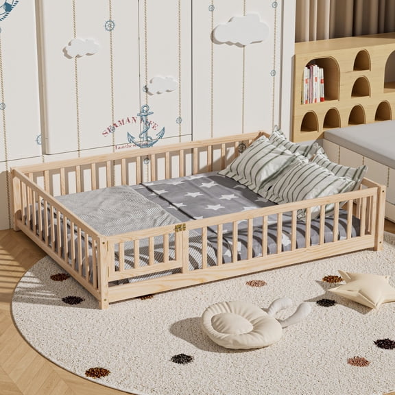 Full Floor Bed Frame for Toddler, Montessori Floor Bed with Fence and Wood Slats, Low Wood Platform Beds, Happy Time, Natural