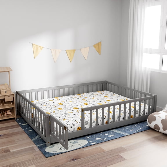 Full Floor Bed for Kids, Montessori Bed Frame with Fence and Door, Wooden Floor Full Platform Bed for Kids, Boys Girls, Slats Included, No Box Spring Needed (Full, Gray)