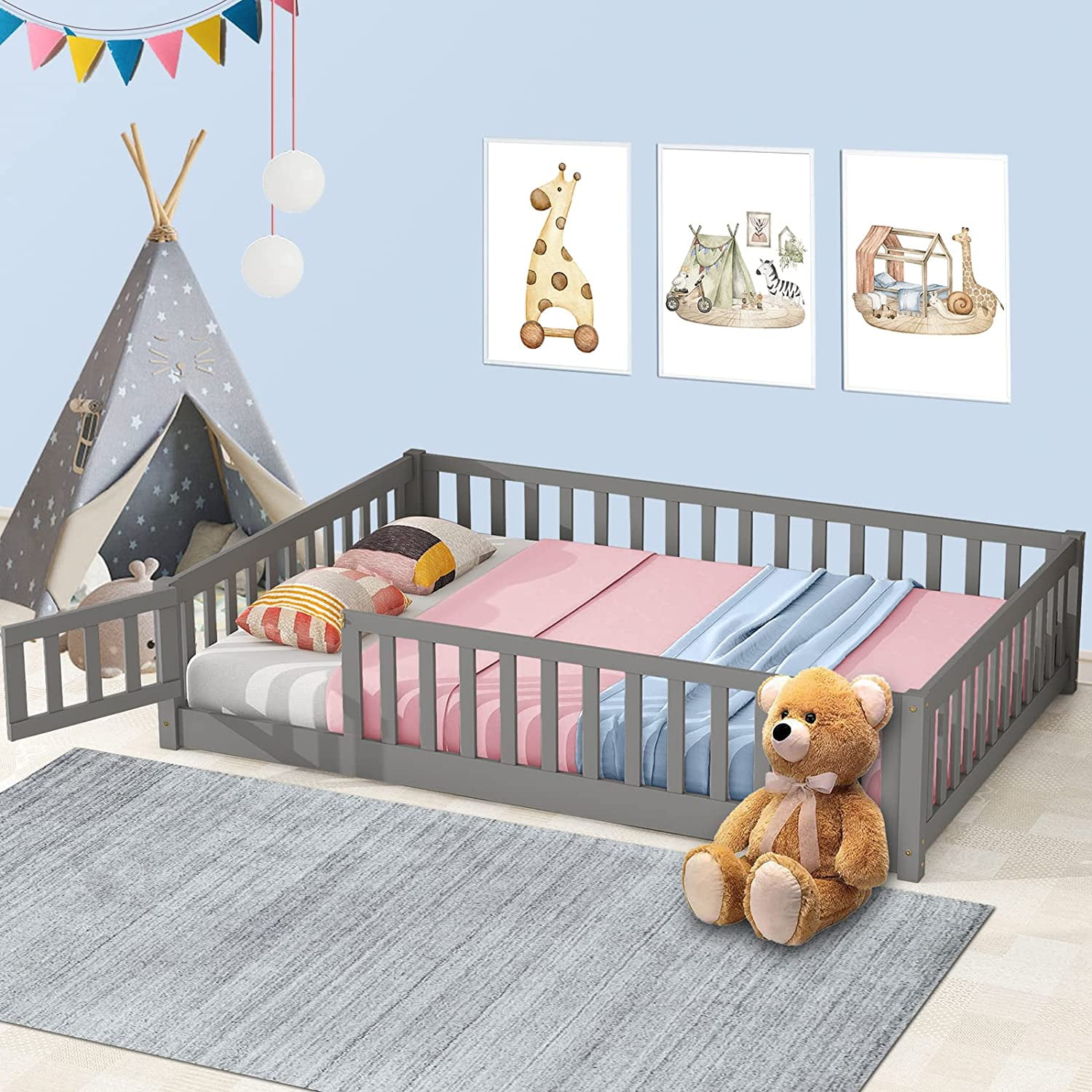 Full Floor Bed with Safety Guardrails and Slats Toddler Floor Bed Frame ...