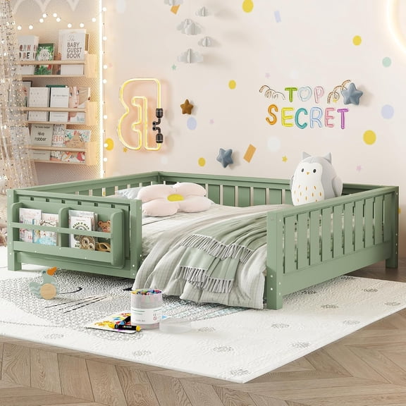Full Floor Bed with Slats and Rails, Full Size Montessori Floor Bed with Bookcase and Fence, Easy Assemble Montessori Beds for Girls, Boys, Avocado Green