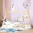 thumbnail image 1 of Full Floor Bed with Triangle Structure, Solid Wood Montessori Bed Frame without Slats, Full Size Tent Bed for Boys Girls Teens, Can Be Decorated, White+Natural, 1 of 6