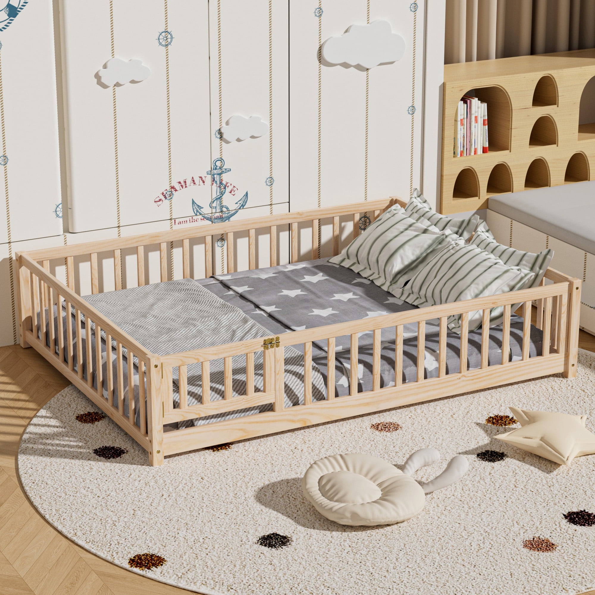 Full Floor Bed for Children, Sturdy Wood Montessori Bed Frame with Wood Slats, Fence & Door, Montessori Floor Bed for Girls and Boys, Natural