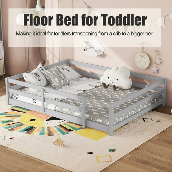 Bellemave Full Montessori Bed with Rails, Wood Full Size Floor Bed Frame with Fence, Low to Ground Bed Frame with Safety Guardrails - Gray
