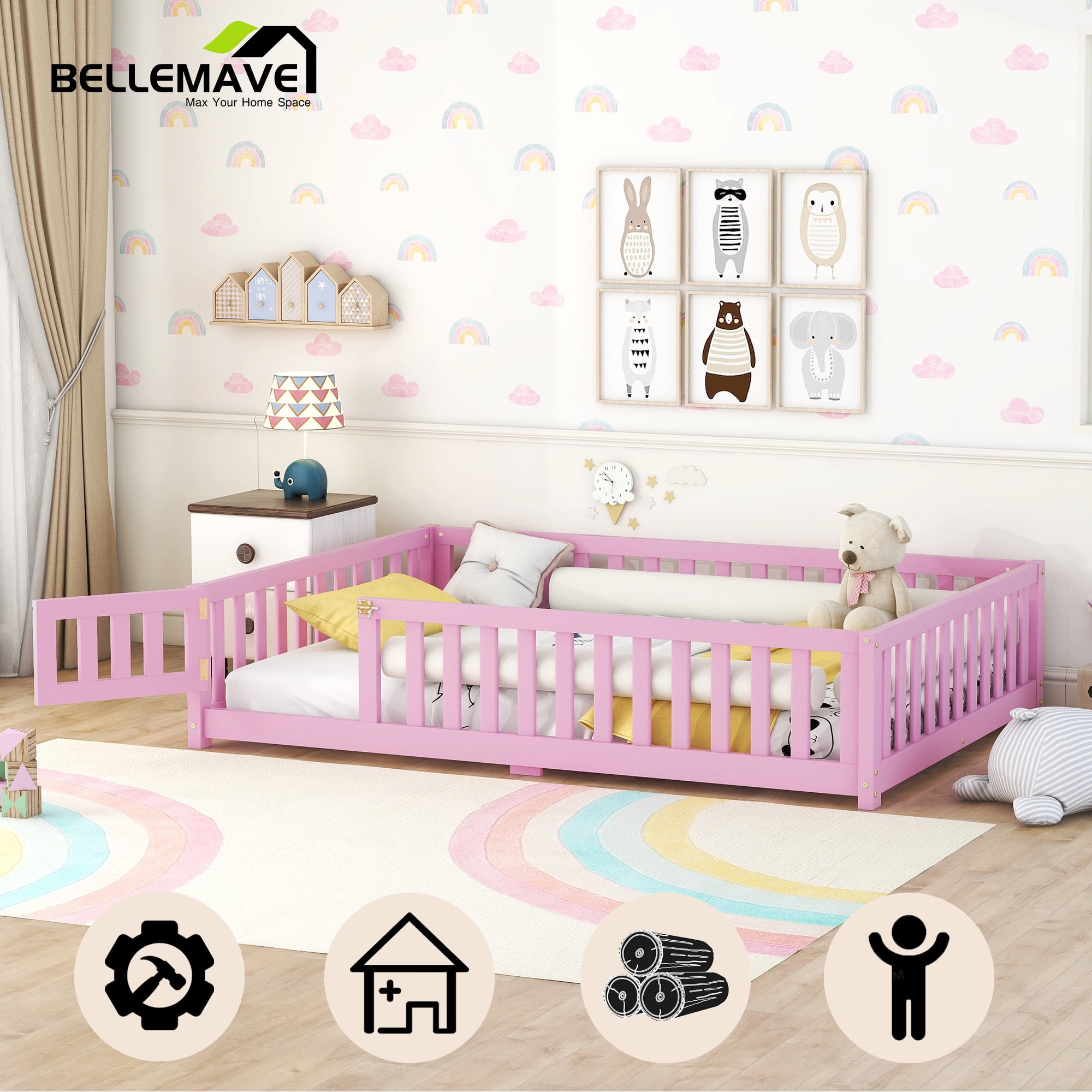 Full Floor Bed for Kids, Solid Wood Montessori Bed Frame Fence & Door