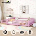 thumbnail image 1 of Full Floor Bed for Kids, Solid Wood Montessori Bed Frame Fence & Door, Toddler Full Size Bed with Wood Slats, No Box Spring Needed (Full,Pink), 1 of 10