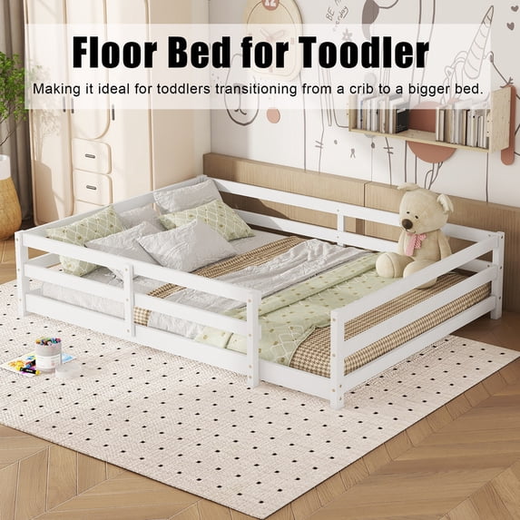 Bellemave Full Montessori Bed with Rails, Wood Full Size Floor Bed Frame with Fence, Low to Ground Bed Frame with Safety Guardrails - White