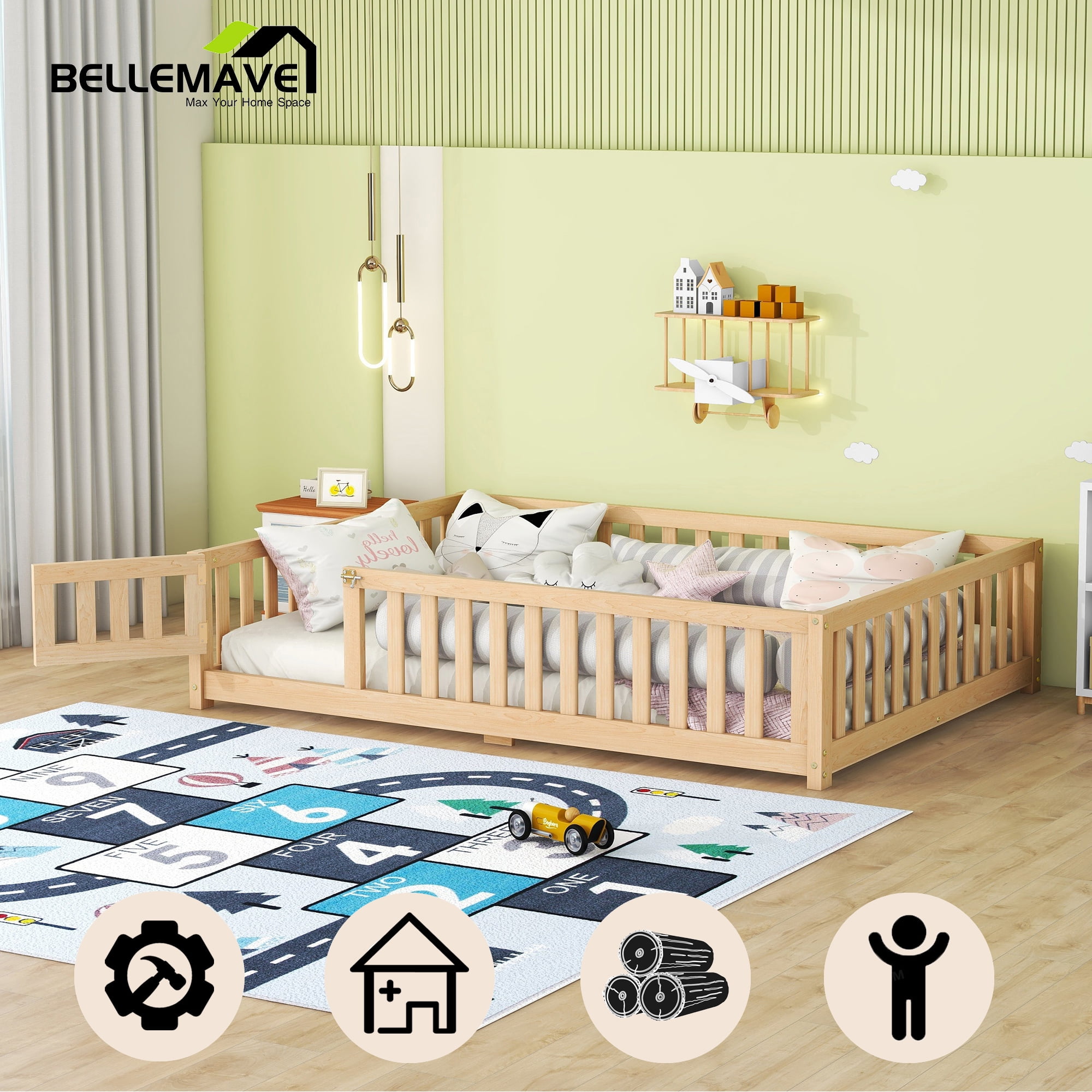 Full Floor Bed for Kids, Solid Wood Montessori Bed Frame Fence & Door