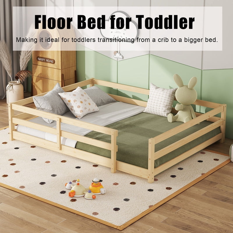 Bellemave Full Montessori Bed with Rails, Wood Full Size Floor Bed Frame with Fence, Low to Ground Bed Frame with Safety Guardrails - Natural