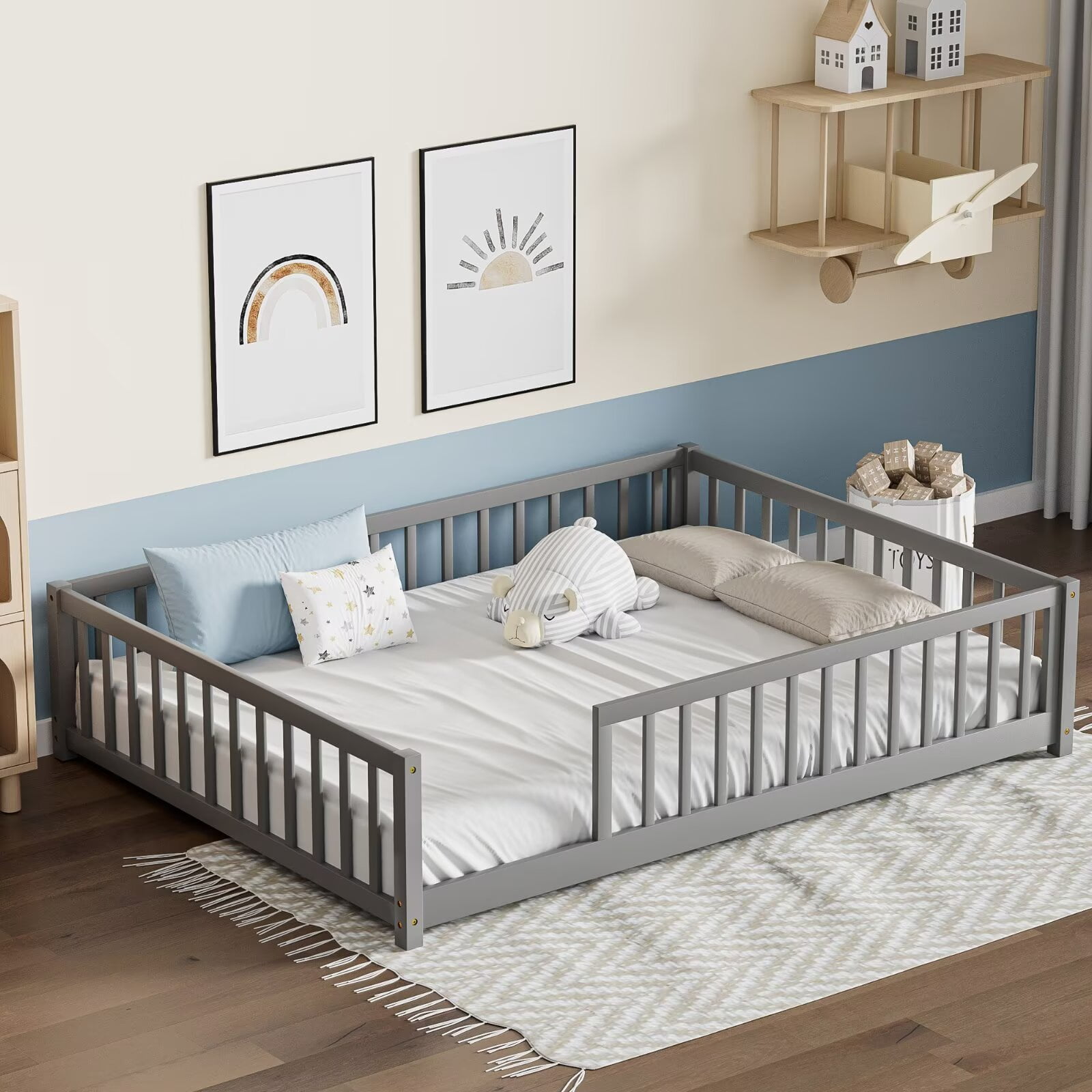 Full Floor Bed for Kids Toddlers, Multifunctional Montessori Bed Frame with Safety Guardrails and Wood Slats, Without Door, Easy Assemble, Grey