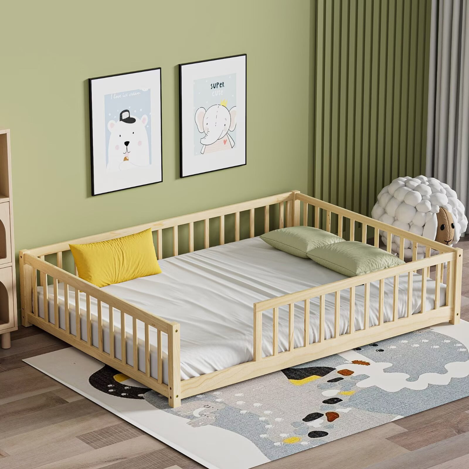 Full Floor Bed for Kids Toddlers, Multifunctional Montessori Bed Frame with Safety Guardrails and Wood Slats, Without Door, Easy Assemble, Natural