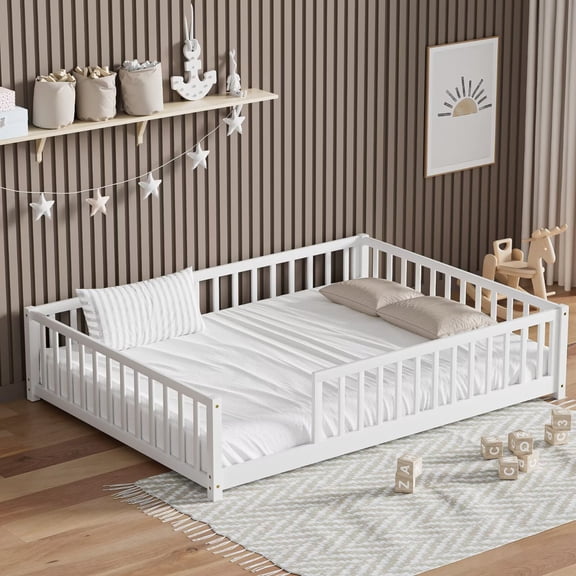 Full Floor Bed for Kids Toddlers, Multifunctional Montessori Bed Frame with Safety Guardrails and Wood Slats, Without Door, Easy Assemble, White