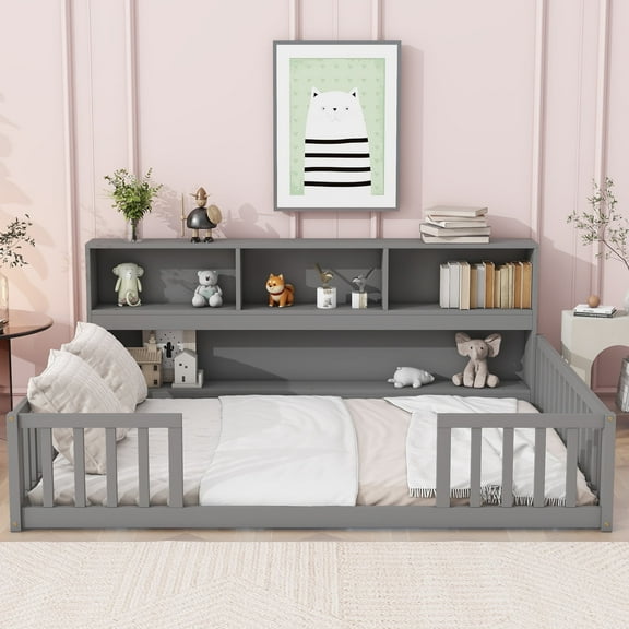 Full Floor Bed with Bookcase and Shelves, Wood Montessori Floor Bed Frame with Guardrails for Boys, Girls, Grey