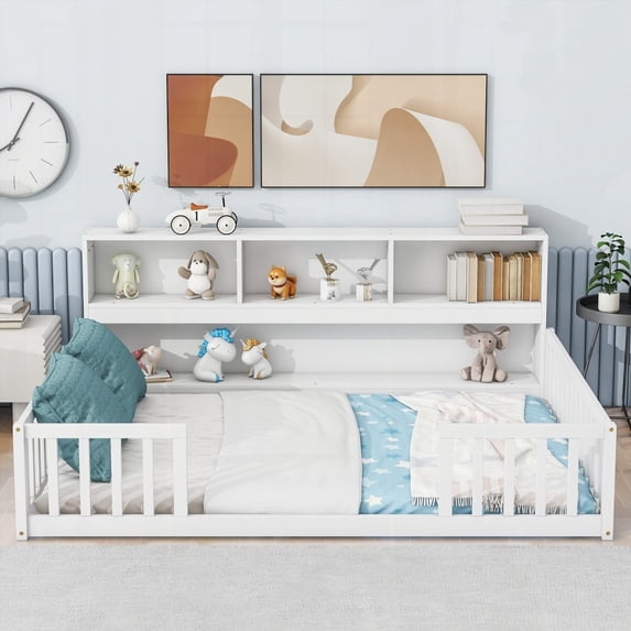 Full Floor Bed with Side Bookcase,Shelves & Guardrails in White