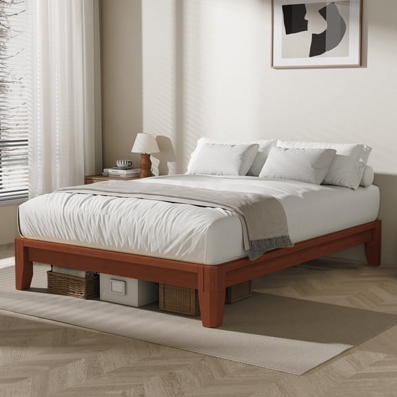 Full Floor Joinery Bed Frame, Holaki Solid Bamboo Wood Full Size Platform Bed with 12 Wooden Slats Support & 6.89" Under Bed Storage Space, Japandi Minimalist Style Bedframe for Bedroom, Walnut