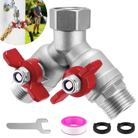 Full-Flow 304 Stainless Steel 2-Way Garden Hose Splitter Heavy-Duty Lead-Free 3/4" GHT Outdoor Faucet Y Splitter with Shutoff & Wrench