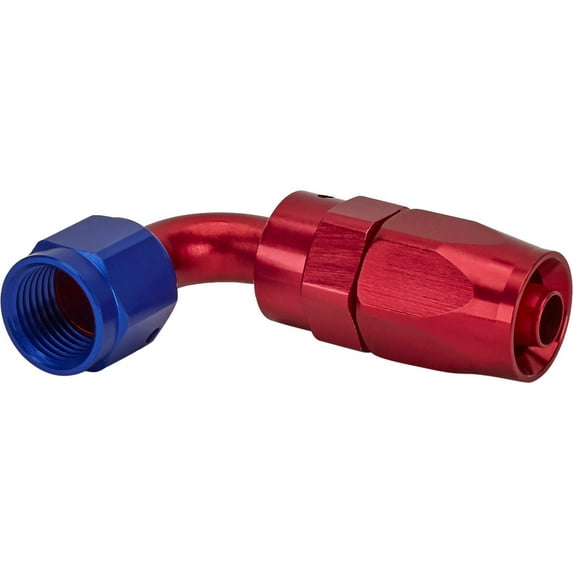 Full Flow Swivel Hose End Fitting, 90 Degree, Red/Blue, -6 AN