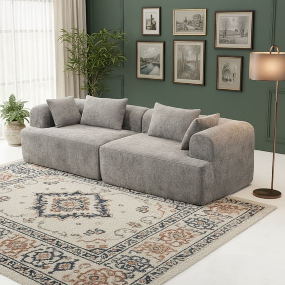 Full-Foam Modular Sofa, 96" Boucl 2-Piece Sectional with Rounded Arms, Cloud-Like Comfort, Compressed Packing:33015-GR