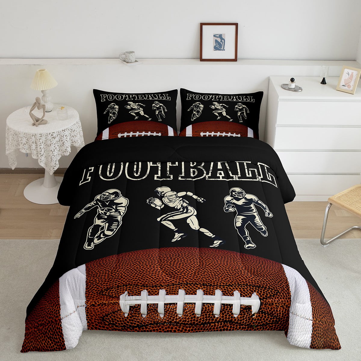 Football Sports Comforter Set - Full Size, Soccer Ball Design, 3-Piece Bedding (Grey/Black) - View #7