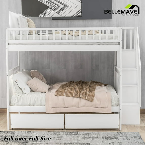 Full over Ful Bunk Bed with Storage Drawers and 3-Tier Shelves, Bunk Bed/Wood Bunk Bed Full Size with Safety Guardrail, Headboard and Footboard, Bunk Bed for Teens, Adult(White)