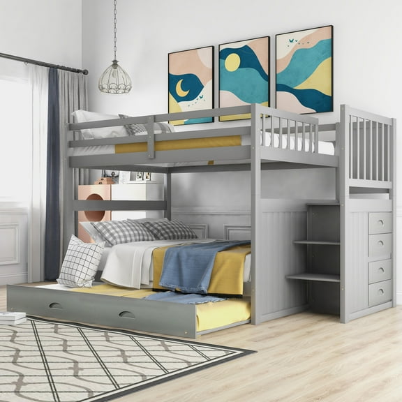 Full Over Full Bunk Bed with 4-Drawer Storage & Convertible Twin Trundle, Family-Friendly Space-Saving Design with Safety Rails & Adjustable Staircase, Gray