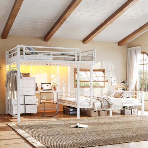 Full over Full Bunk Bed with 8 Storage Drawers, Built-in Study Desk and Shelves, Garment Hanging Rod and USB Charging, Sturdy Metal Frame, Space-Saving Design for Bedroom, White
