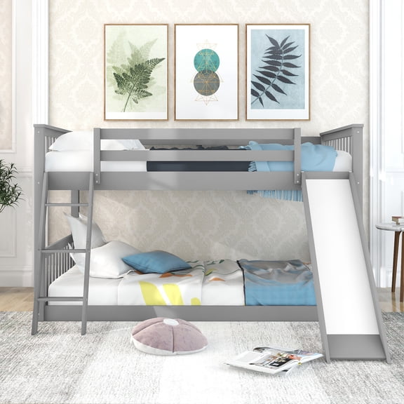 Full over Full Bunk Bed with Convertible Slide & Ladder, Low-Height Space-Saving Design, Solid Pine Construction, Full-Length Guardrails, Removable & Reversible, No Box Spring Needed, Gray
