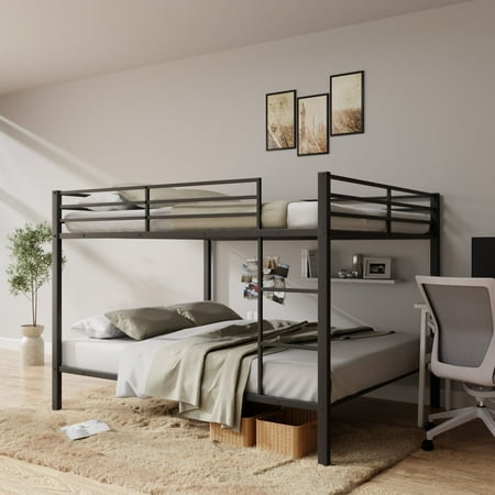 Full Over Full Bunk Bed Heavy Duty Metal Bunk Bed Frame with Built-in Ladder and Safety Guard Rail Low Metal Bunk Bed Frame for No Boxspring Required For Small Spaces Black