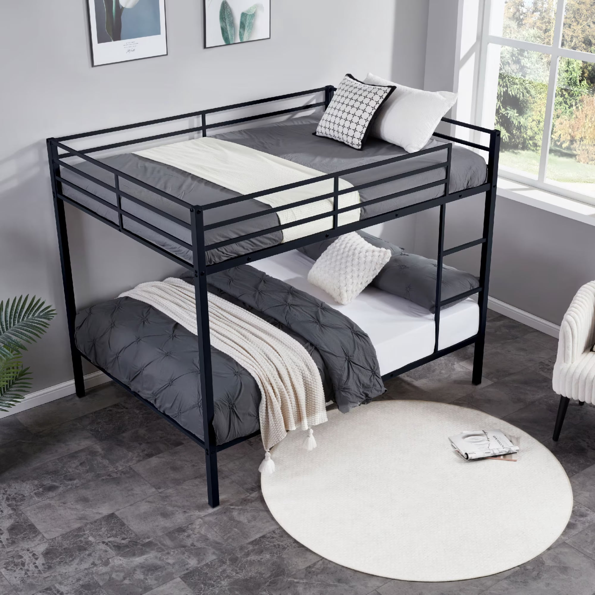 Full Over Full Bunk Bed, Heavy Duty Metal Bunk Bed Frame with Built-in