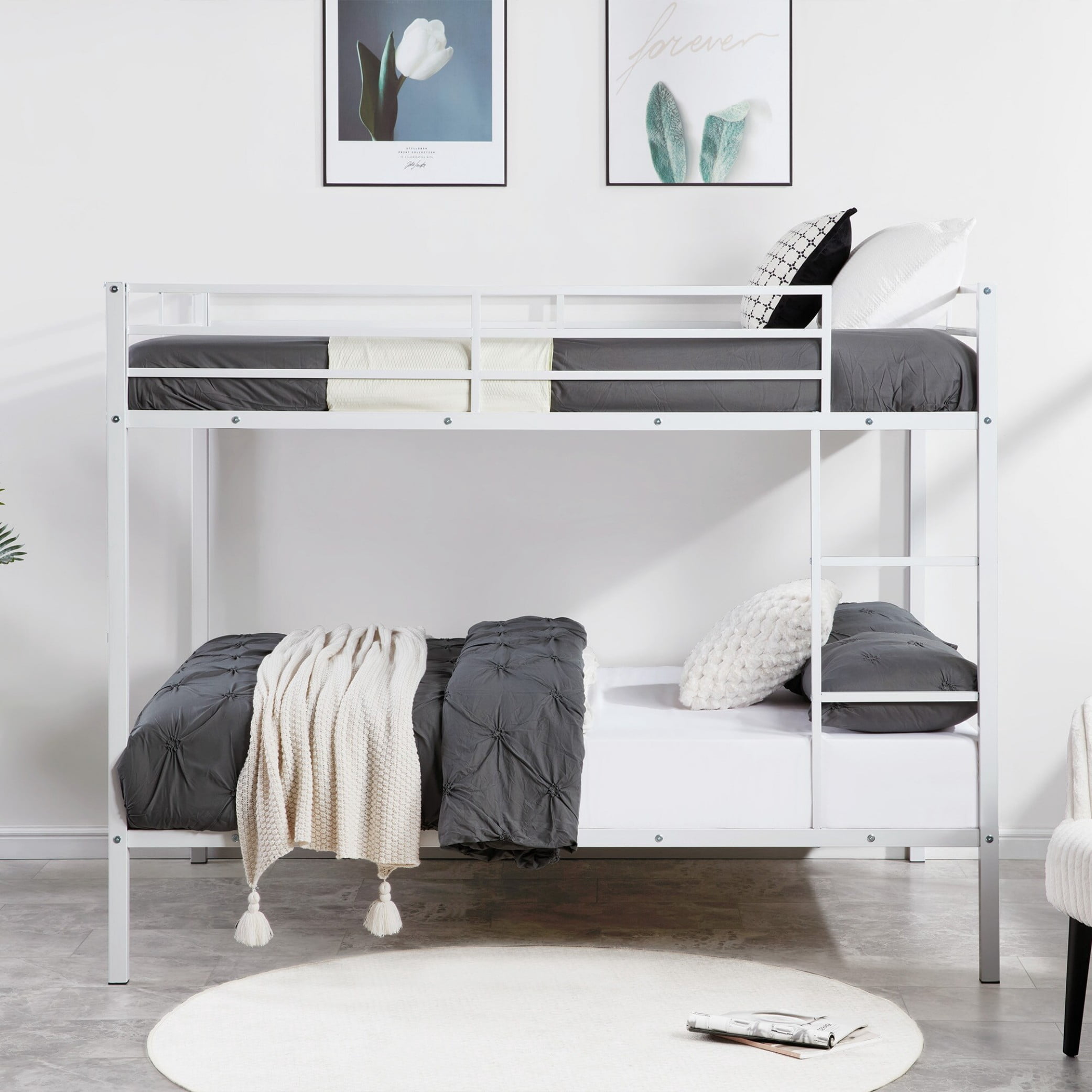 Full Over Full Bunk Bed, Heavy Duty Metal Bunk Bed Frame with Built-in Ladder and Safety Guard Rails, Low Profile Platform Bed, No Box Spring Needed for Kids, Small Spaces, White