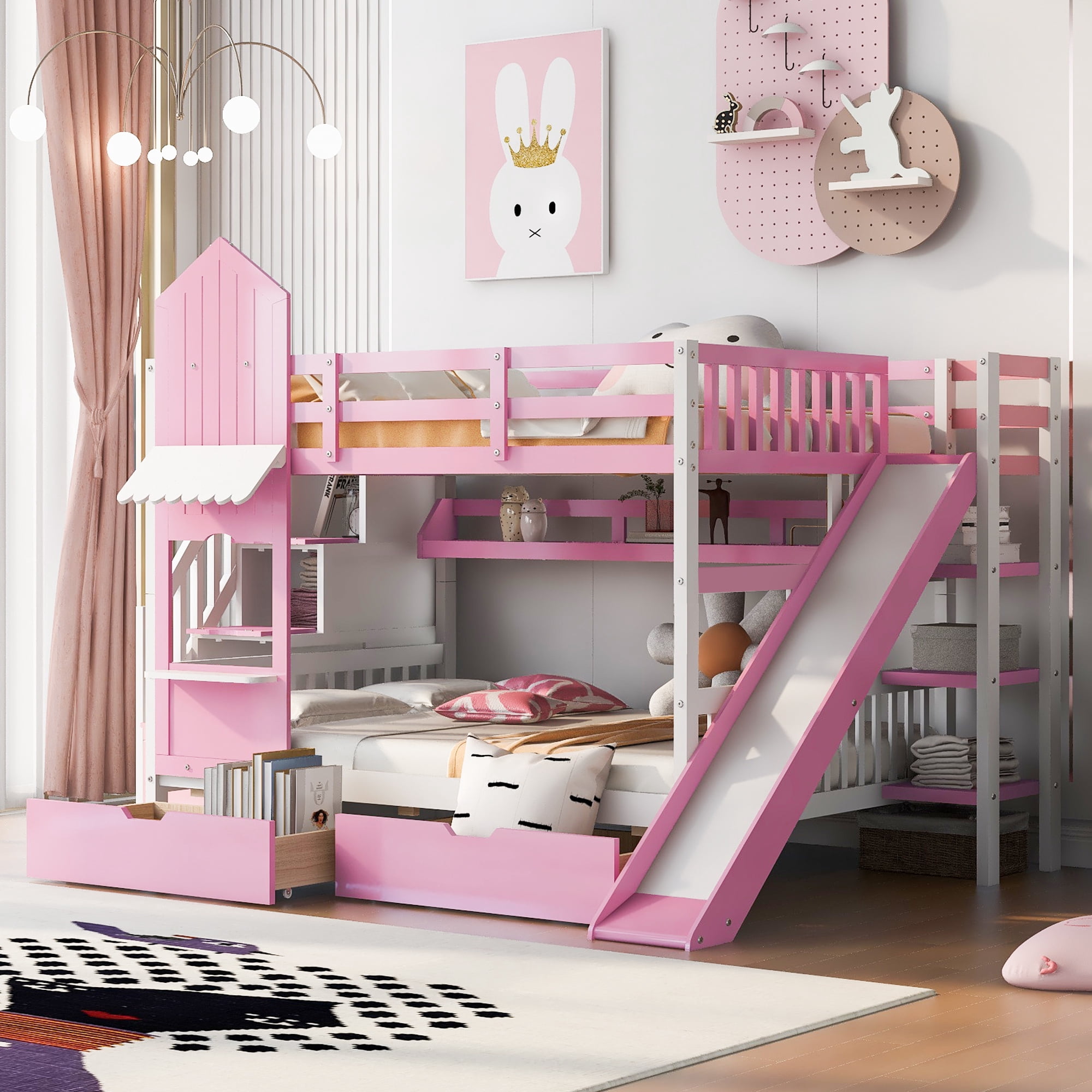 Full over Full Bunk Bed for Kids, Castle Style Bunk Beds with 2 Drawers, Slide and Storage Shelves, Solid Wood Bunk Bed Frame for Kids Girls Boys Teens