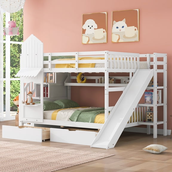 Full over Full Bunk Bed for Kids, Castle Style Bunk Beds with 2 Drawers, Slide and Storage Shelves, Solid Wood Bunk Bed Frame for Kids Girls Boys Teens