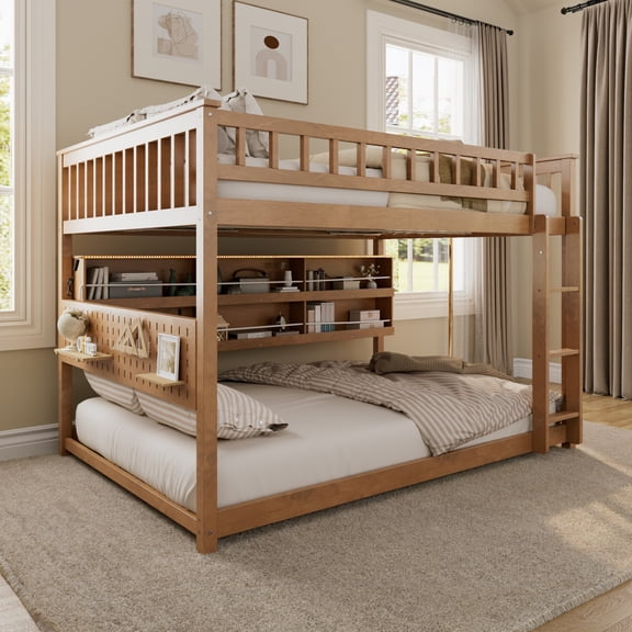Full over Full Bunk Bed with LED Lights and Storage Shelves, Convertible 2-in-1 Solid Wood Adult Bunk Bed with Angled Ladder and Full-Length Guardrails, Brown