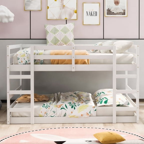 Full Over Full Bunk Bed with Ladder, Solid Pine Construction, Full-Length Guardrails, No Box Spring Needed, Space-Saving for Bedroom, Guest Room, White
