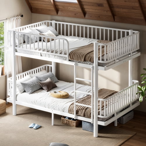 Full over Full Bunk Bed with Ladders and Guardrails, Metal Bunk Bed Frame, Upgraded Round-Pipe Design, Converts into 2 Platform Beds for Bedroom, Light White