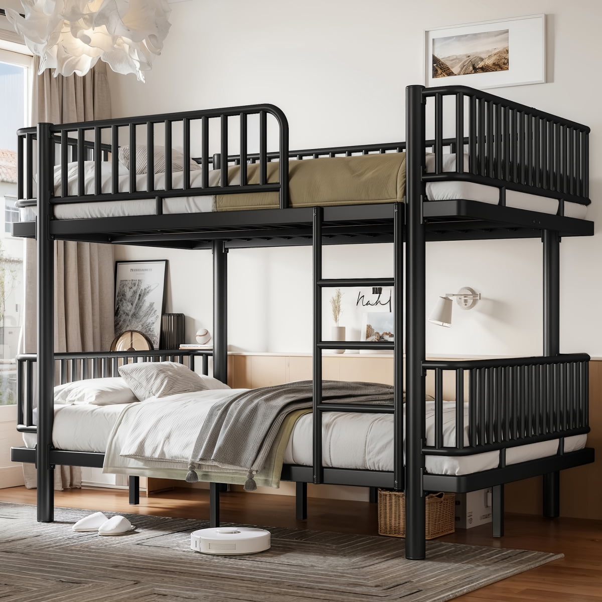 Stackable Bed Ladder Full over Full Bunk Bed with Ladders & Guardrails, Metal Bunk Bed Frame ...