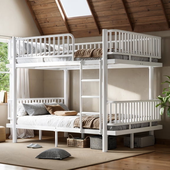 Full over Full Bunk Bed with Ladders & Guardrails, Metal Bunk Bed Frame with Upgraded Safety Round-Pipe Design, Can Transformed into 2 Platform Bed, White