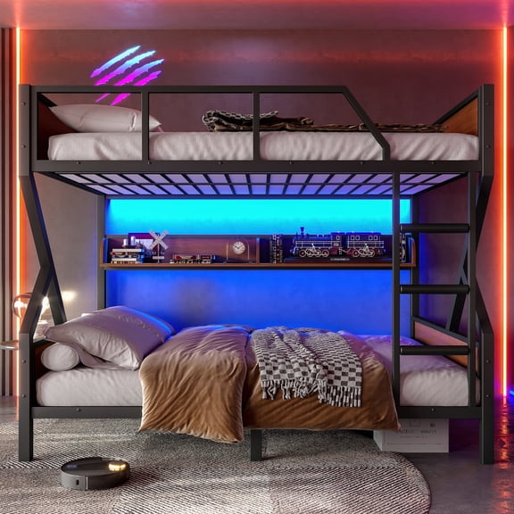 Full over Full Bunk Bed, Metal Bunk Bed with Storage Shelves & LED Lights, Space-Saving Bunk Bed with Ladder, Noise-Free Design for Shared Room & Apartment, Black