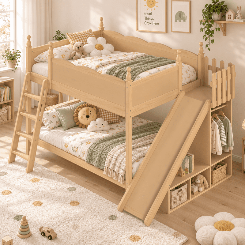 Full Over Full Bunk Bed with Slide and Ladder, Solid Wood Kids Bunk Bed with Storage Shelves and Hanging Rod, Low Profile Design, Full-Length Guardrails