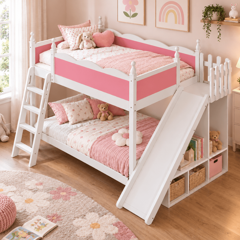 Full Over Full Bunk Bed with Slide and Ladder, Solid Wood Kids Bunk Bed with Storage Shelves and Hanging Rod, Low Profile Design, Full-Length Guardrails