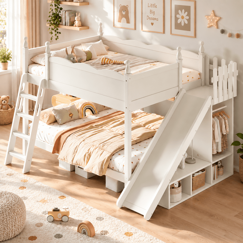 Full Over Full Bunk Bed with Slide and Ladder, Solid Wood Kids Bunk Bed with Storage Shelves and Hanging Rod, Low Profile Design, Full-Length Guardrails
