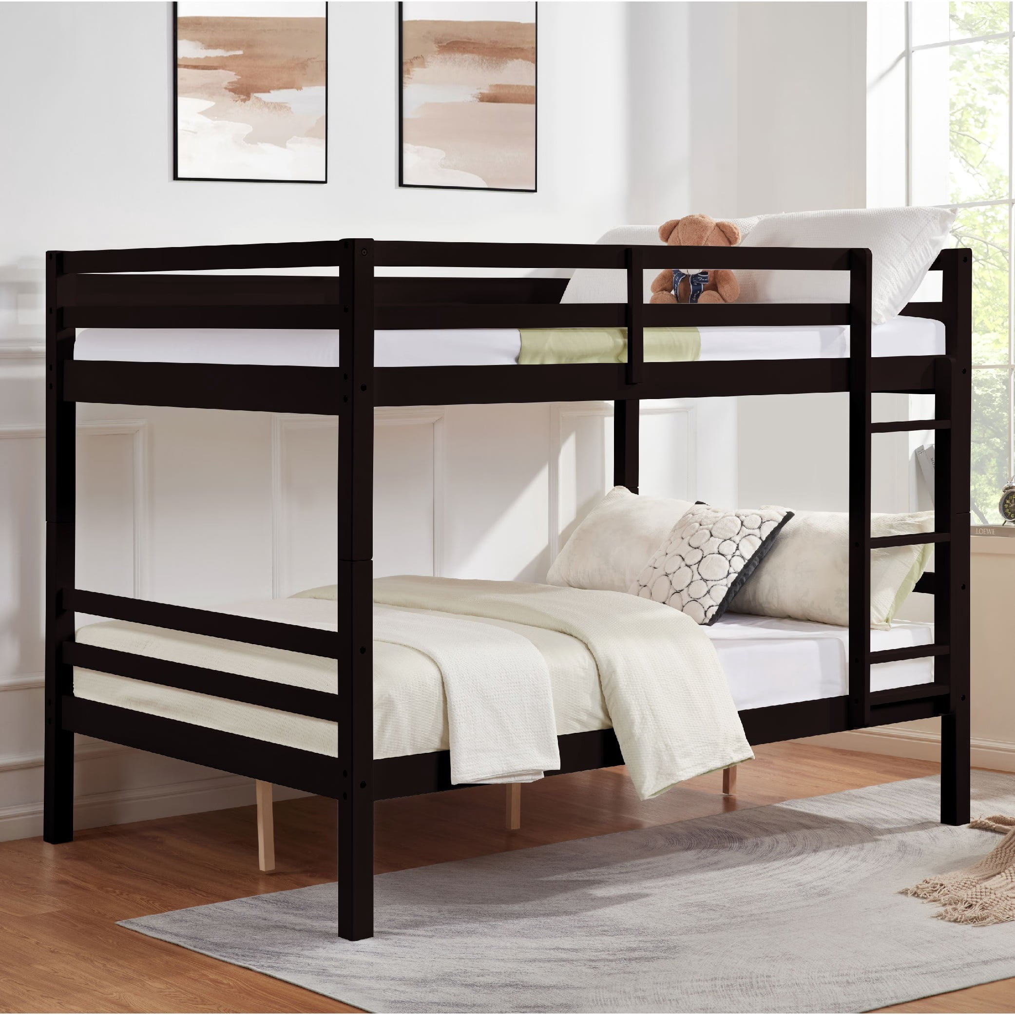 Full Over Full Bunk Bed, Solid Wood Bunk Bed Frame with High Guardrails, Ladder, Heavy Duty Wooden Slats, No Box Spring Needed for Kids, Teens, Guest Room, Espresso