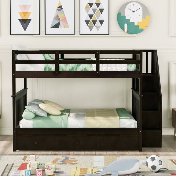Full Over Full Bunk Bed with Staircase Storage, Stairway Bunk Bed with Drawers, Solid Wood Twin Over Twin Bed Frame with Guard Rails, Convertible into 2 Beds, Espresso
