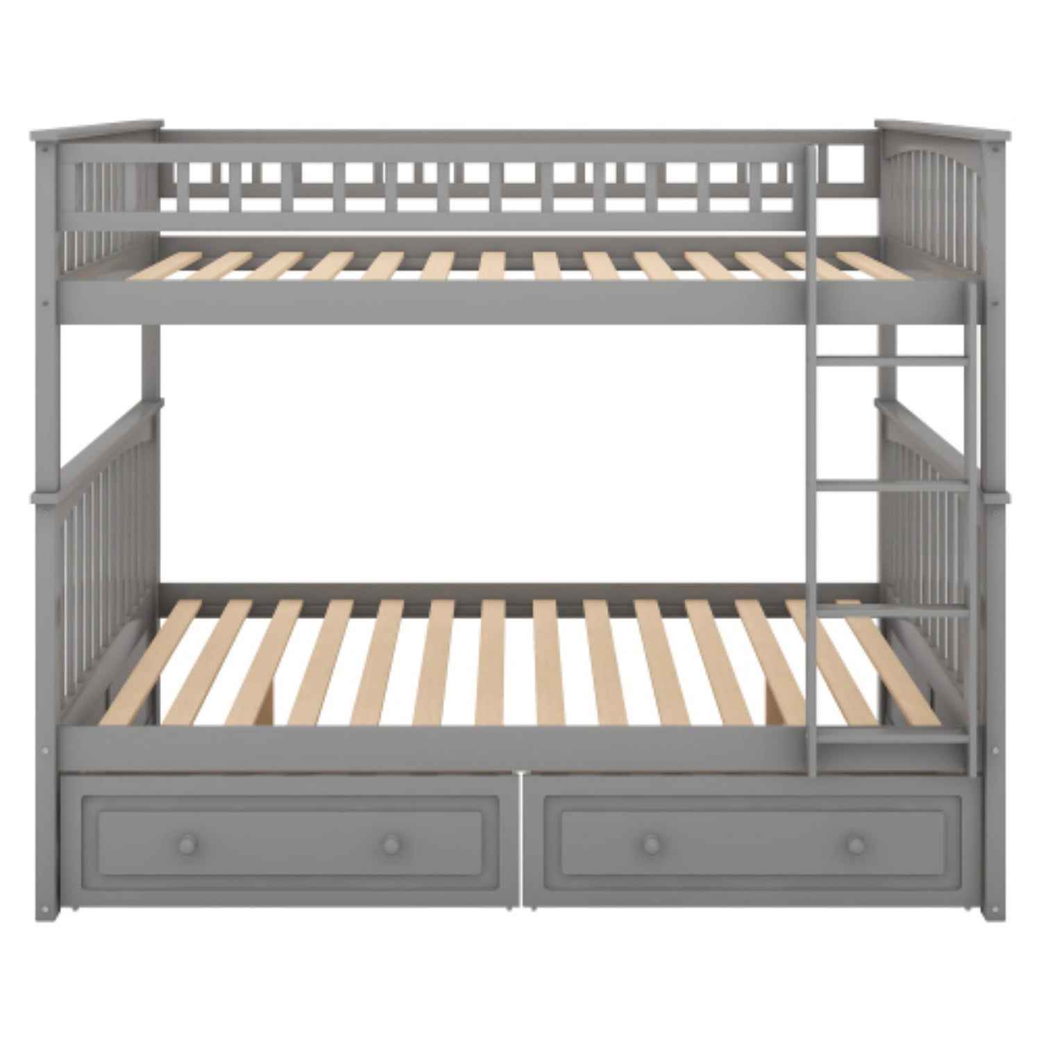 Full Over Full Bunk Bed with Storage Drawers, Convertible Wood Bunk Bed Frame with Safety Guardrails, Solid Pine Wood Kids & Adult Bed for Bedroom, Gray